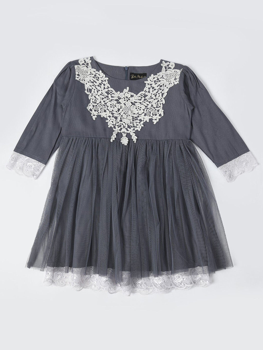 Bella Moda Girls Round Neck Knee Length Lace Inserts Fit & Flare Dress