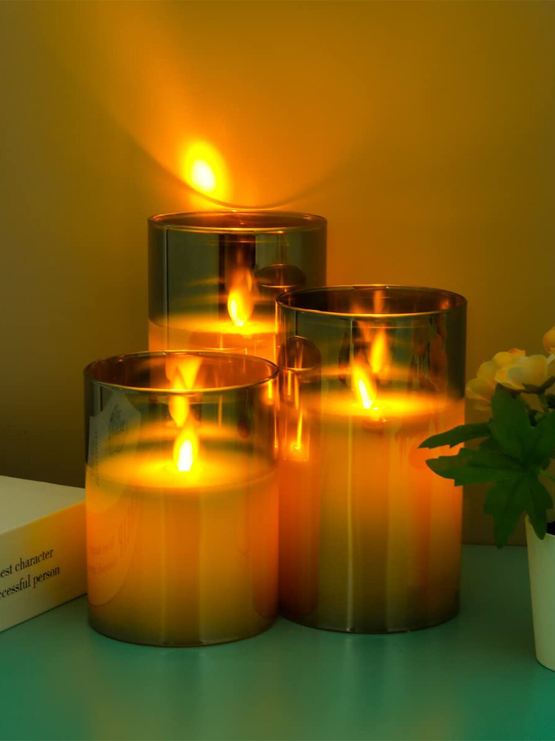 Kuber Industries Battery Operated LED 3Pcs Smokeless Solid Geometric Regular Jar Candles