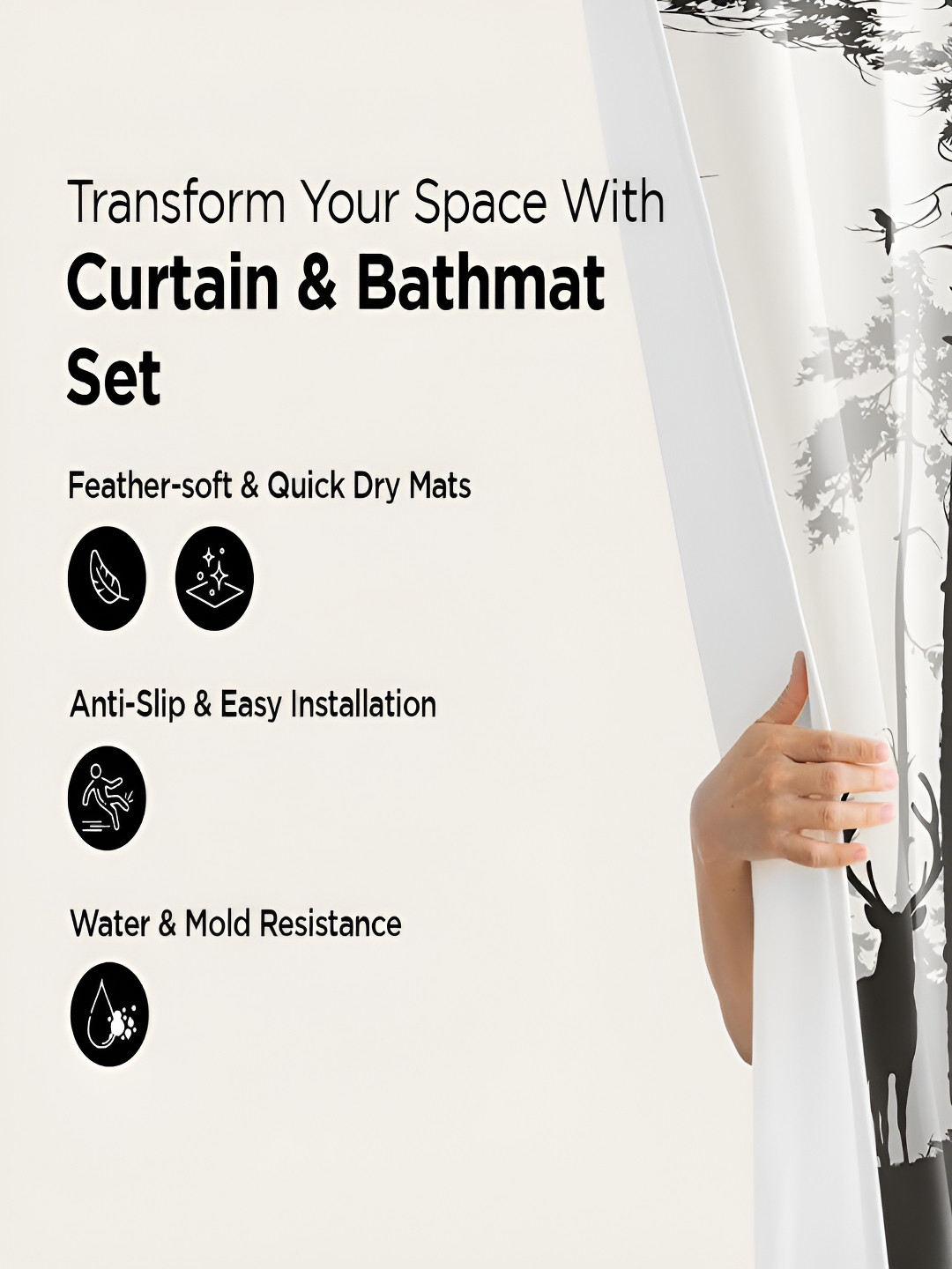 Kuber Industries Off White & Black 3 Pieces Floral Printed Bathroom curtain and Bathrugs