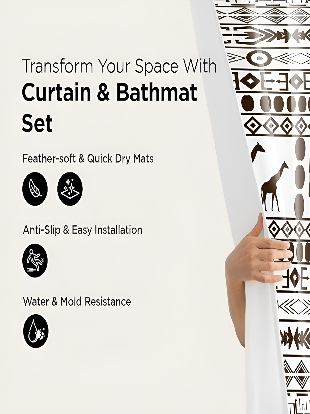 Kuber Industries Brown & White 3 Pieces Ethnic Motifs Printed Bathroom curtain & Bathrugs