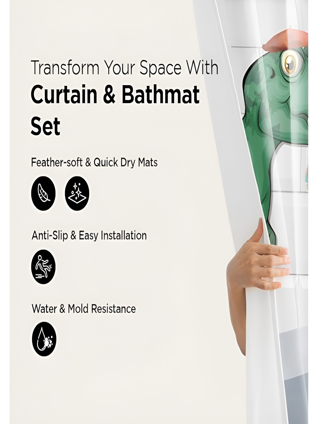 Kuber Industries White & Green 3 Pieces Abstract Bathroom curtain and Bathrugs