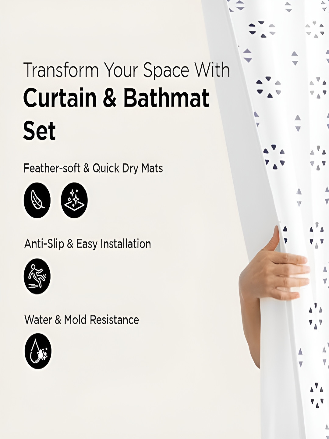 Kuber Industries White & Black 3 Pieces Geometric Printed Bathroom curtain and Bathrugs