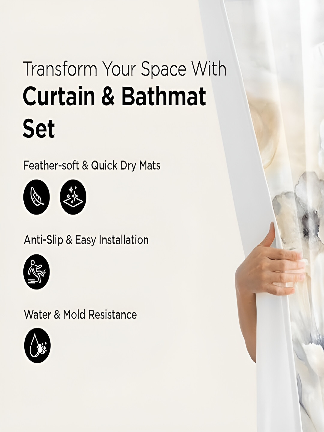 Kuber Industries White & Grey 3 Floral Bathroom curtain and Bathrugs