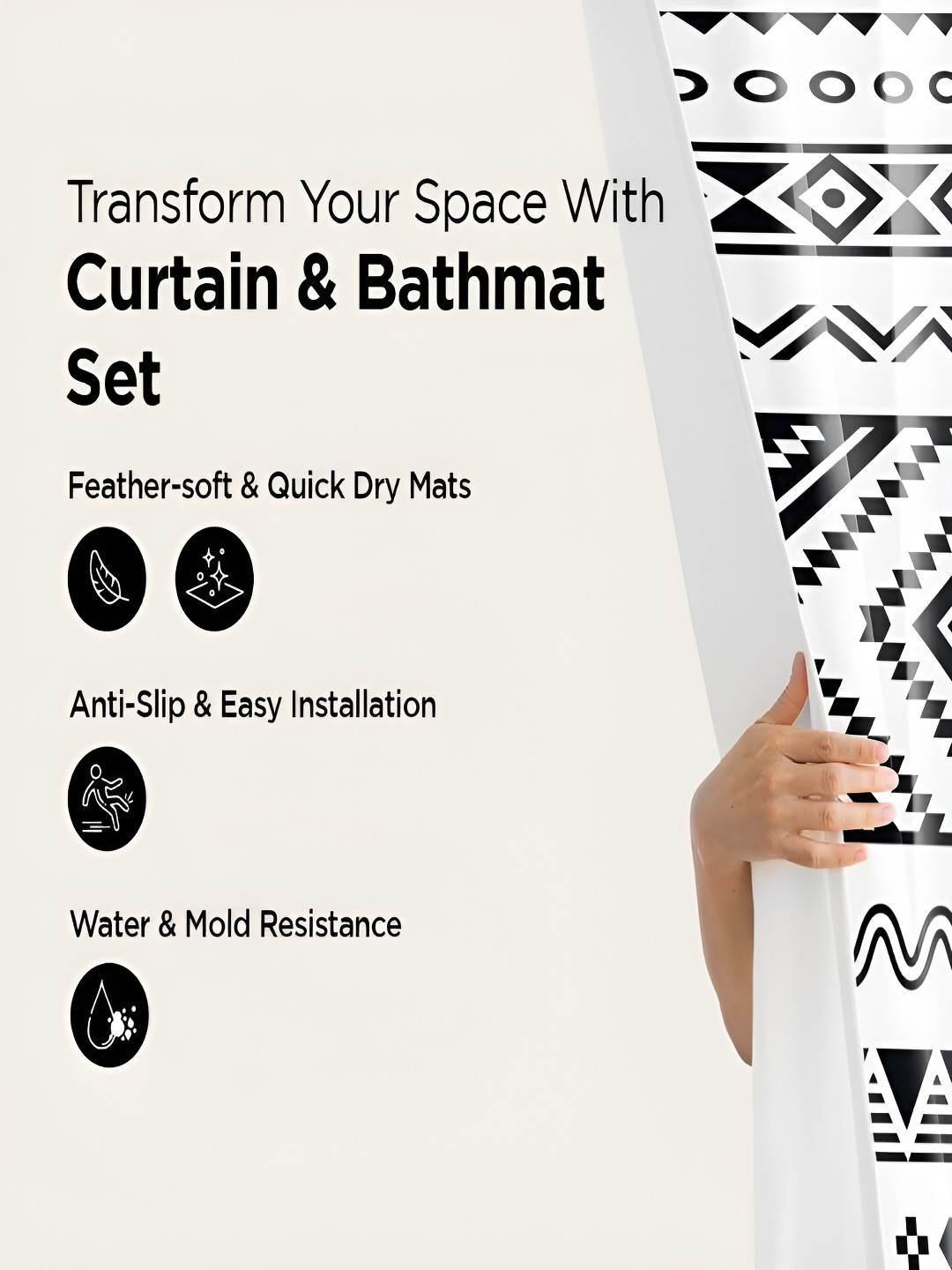 Kuber Industries Black & White 3 Geometric Printed Bathroom curtain and Bathrugs