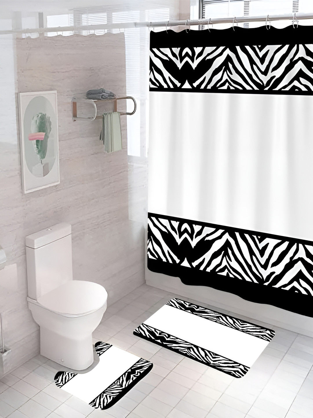 Kuber Industries White & Black 3 Pieces Animal Printed Shower Curtain & Bathmat Set