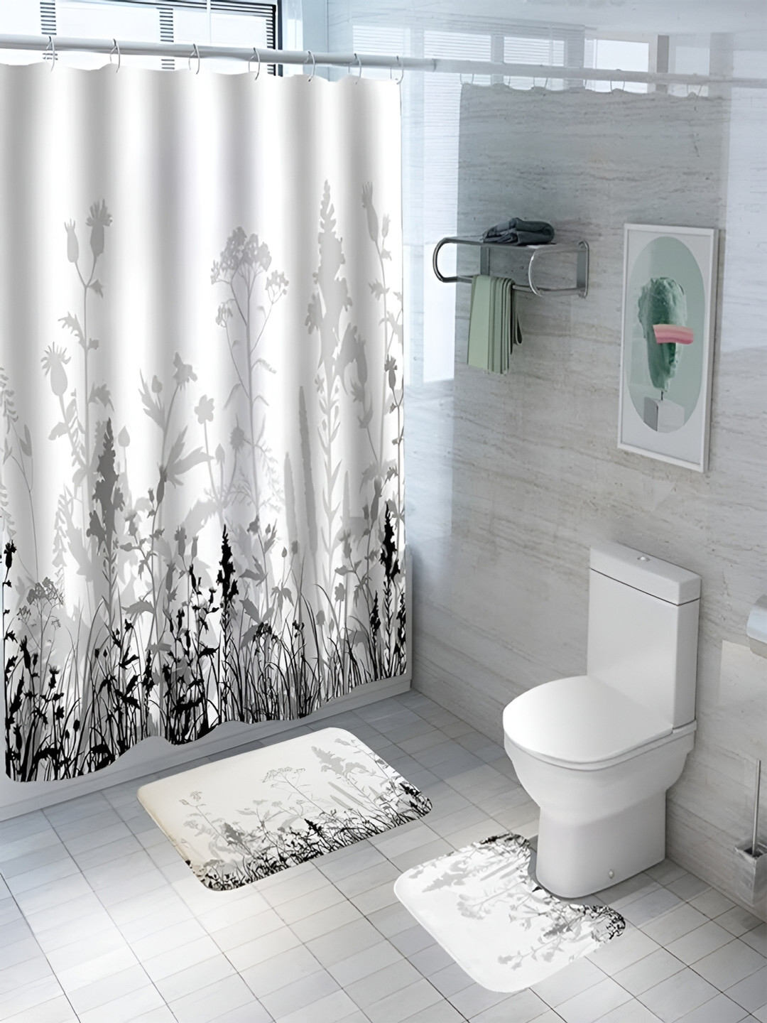 Kuber Industries White & Grey 3 Pieces Floral Printed Shower Curtain & Bathmat Set
