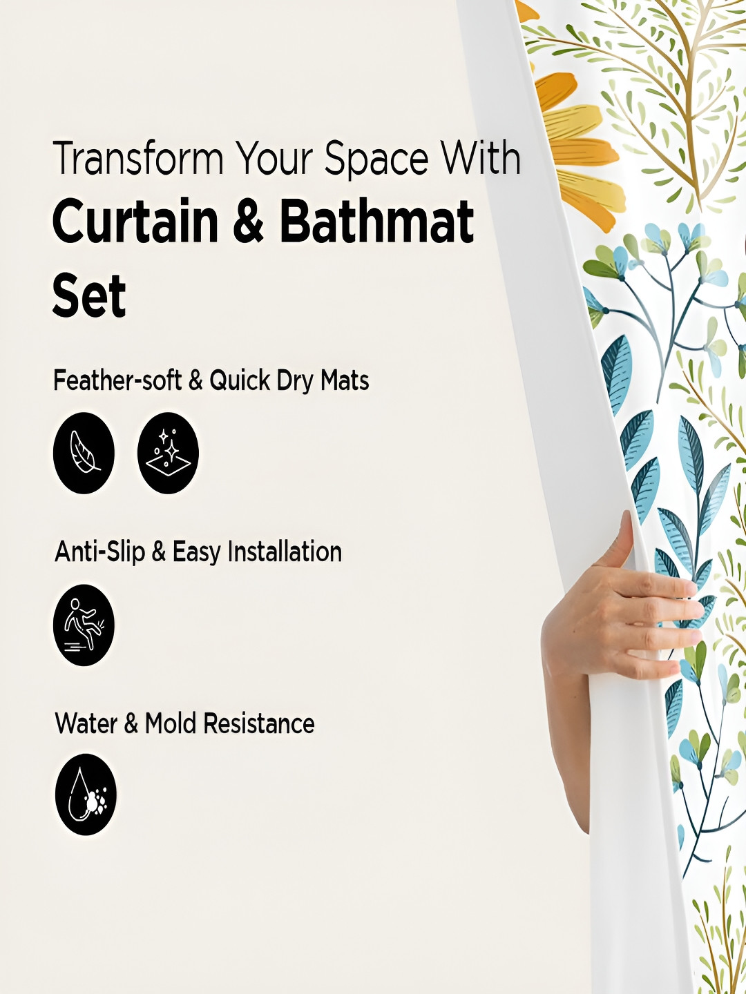 Kuber Industries White & Blue 3 Pieces Floral Printed Shower Curtain & Bathmat Set