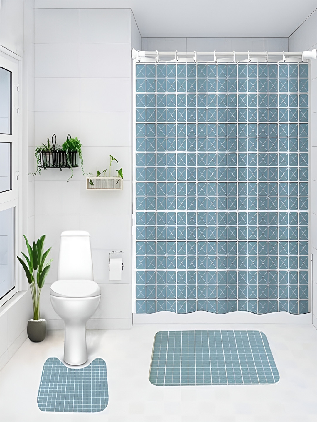 Kuber Industries Blue & White 3 Pieces Geometric Printed Shower Curtain & Bathmat Set
