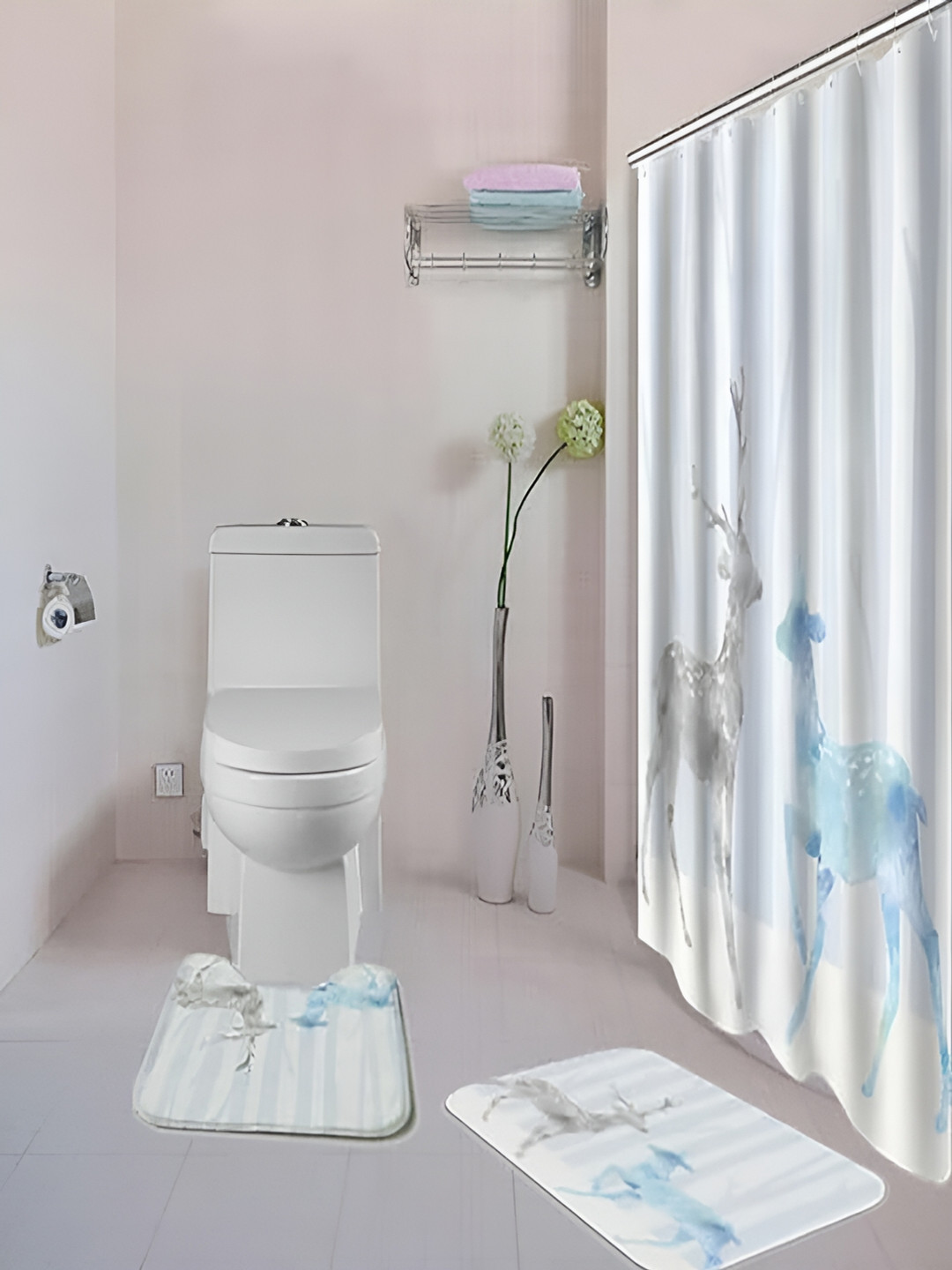 Kuber Industries White & Blue 3 Pieces Deer Printed Shower Curtain & Bathmat Set