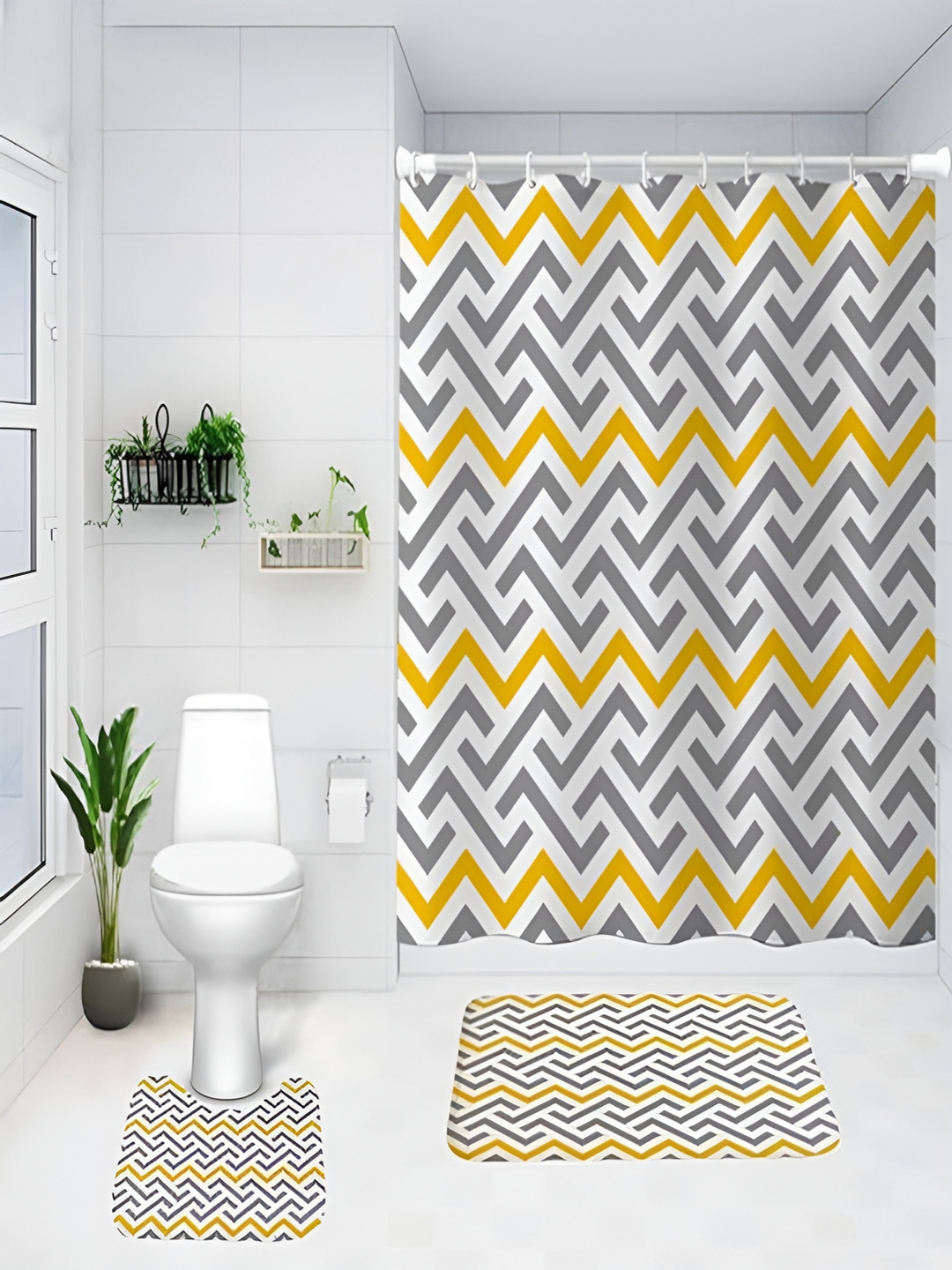 Kuber Industries White & Yellow 3 Pieces Geometric Shower Curtain & Bathmat Set