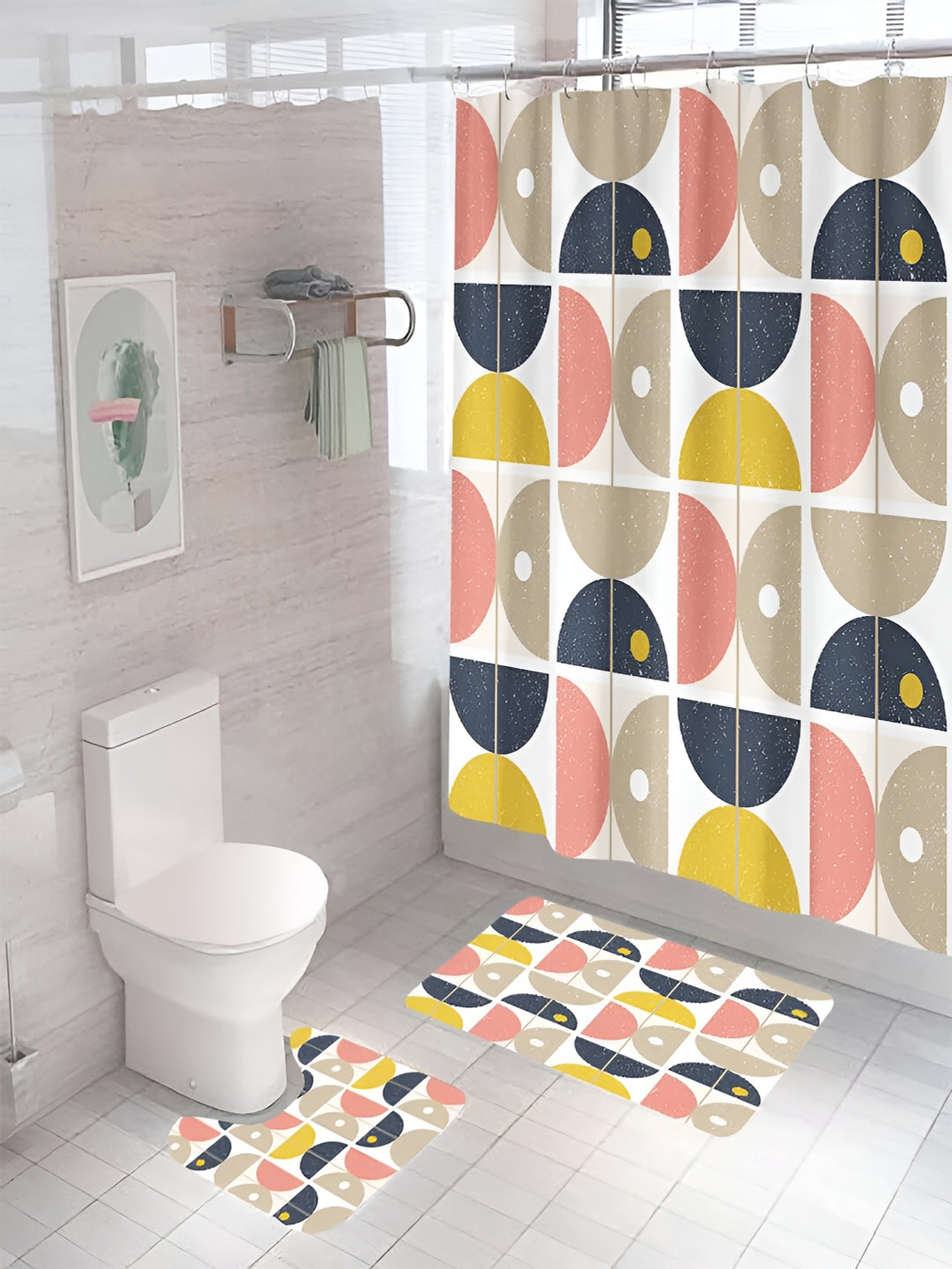 Kuber Industries White & Beige 3 Pieces Geometric Shower Curtain & Bathmat Set