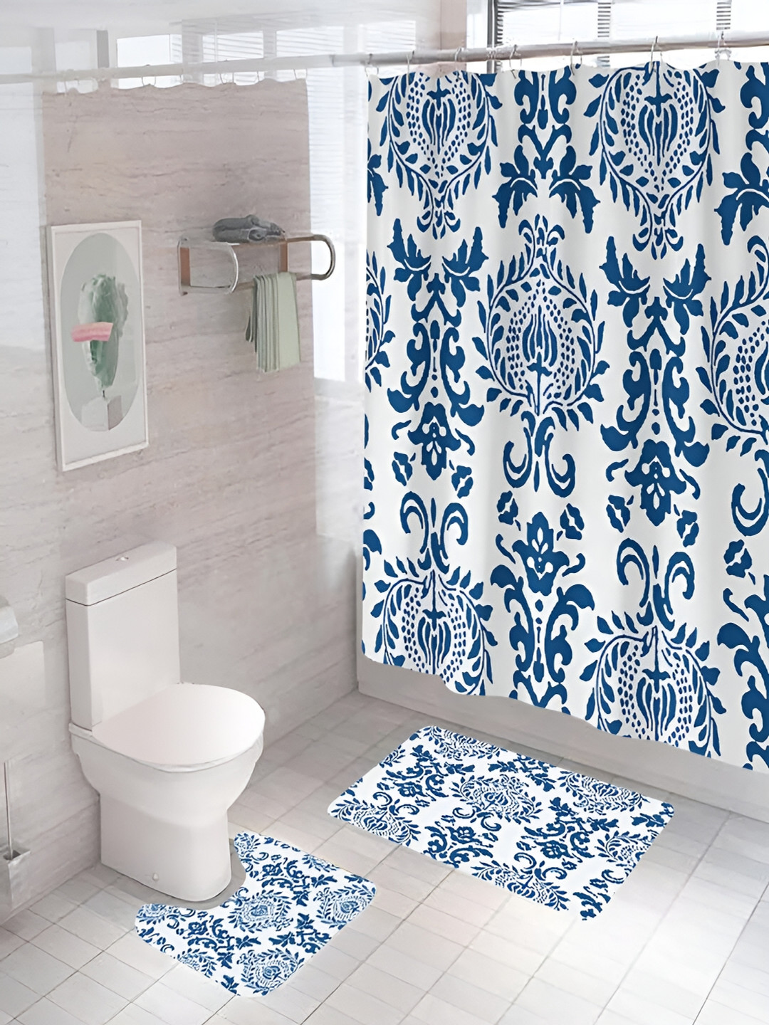 Kuber Industries White & Blue 3 Pieces Floral Printed Shower Curtain & Bathmat Set