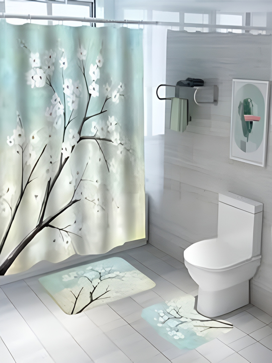 Kuber Industries Green & White 3 Pieces Floral Shower Curtain & Bathmat Set