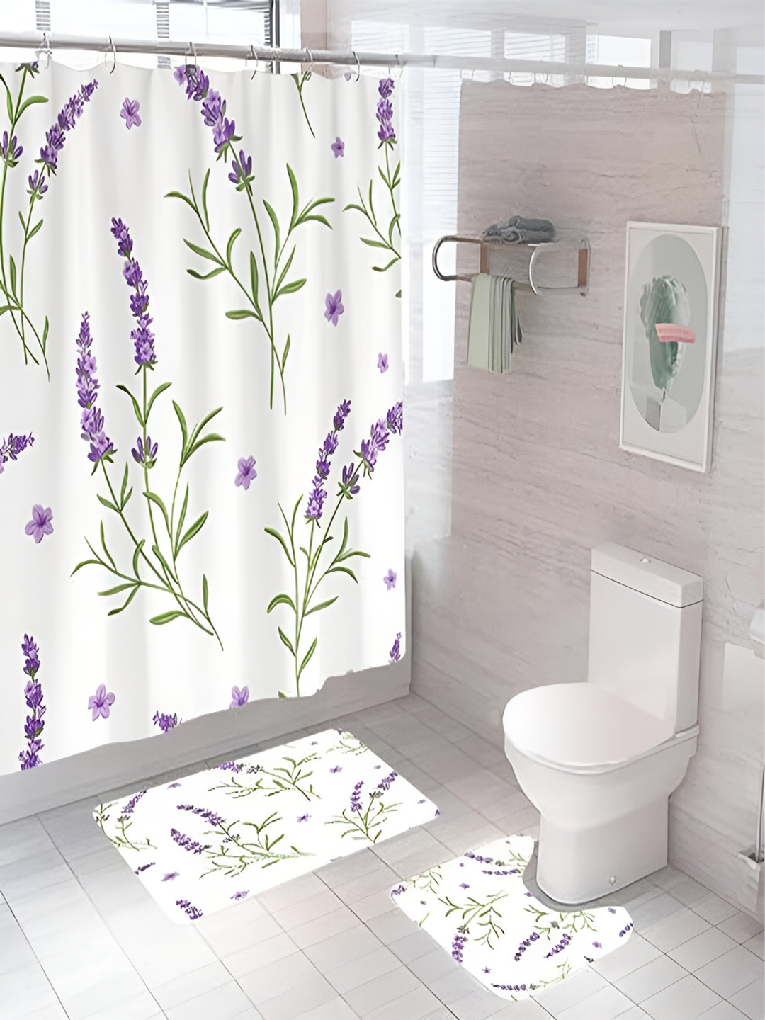 Kuber Industries White & Purple 3 Pieces Floral Printed Shower Curtain & Bathmat Set