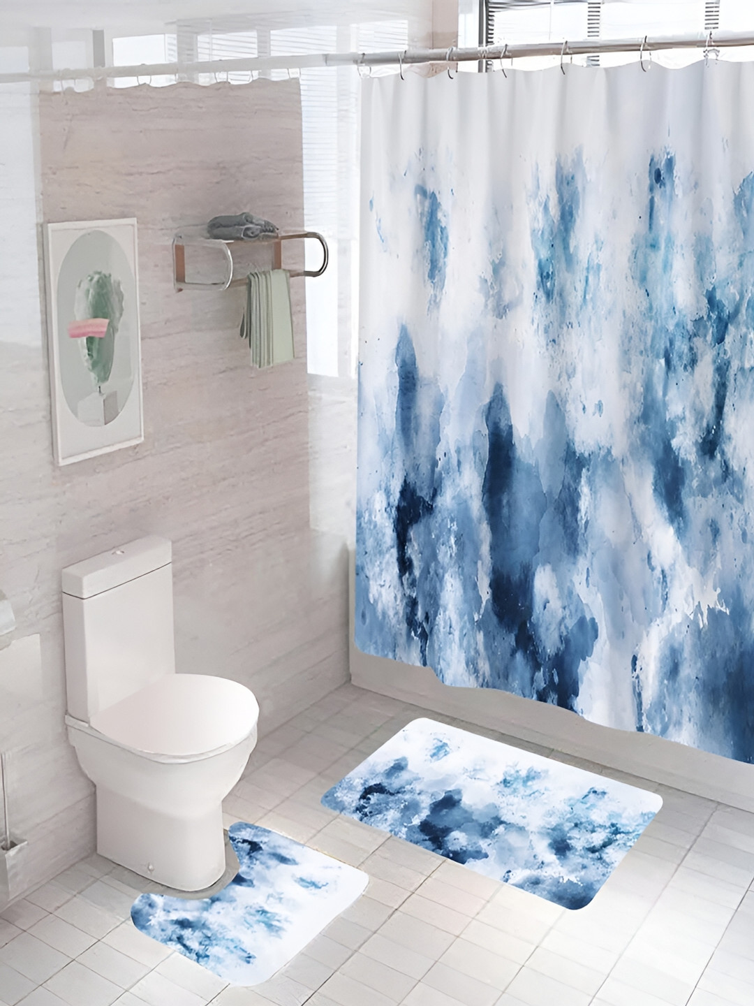 Kuber Industries White & Blue 3 Pieces Abstract Shower Curtain & Bathmat Set