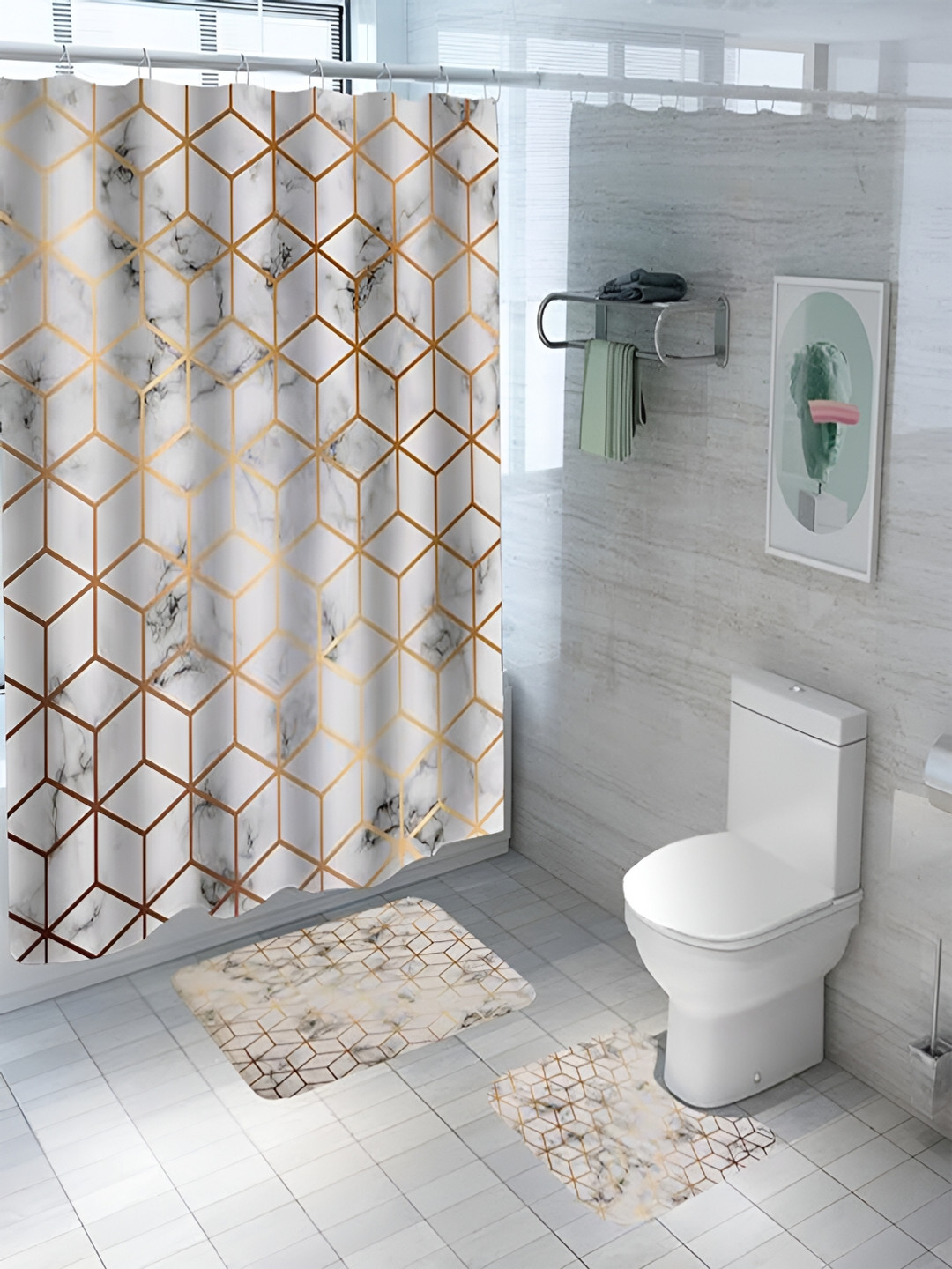 Kuber Industries White & Gold Toned 3 Pieces Geometric Shower Curtain & Bathmat Set