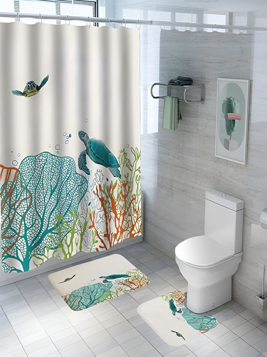 Kuber Industries White & Blue 3 Pieces Marine Life Printed Shower Curtain & Bathmat Set