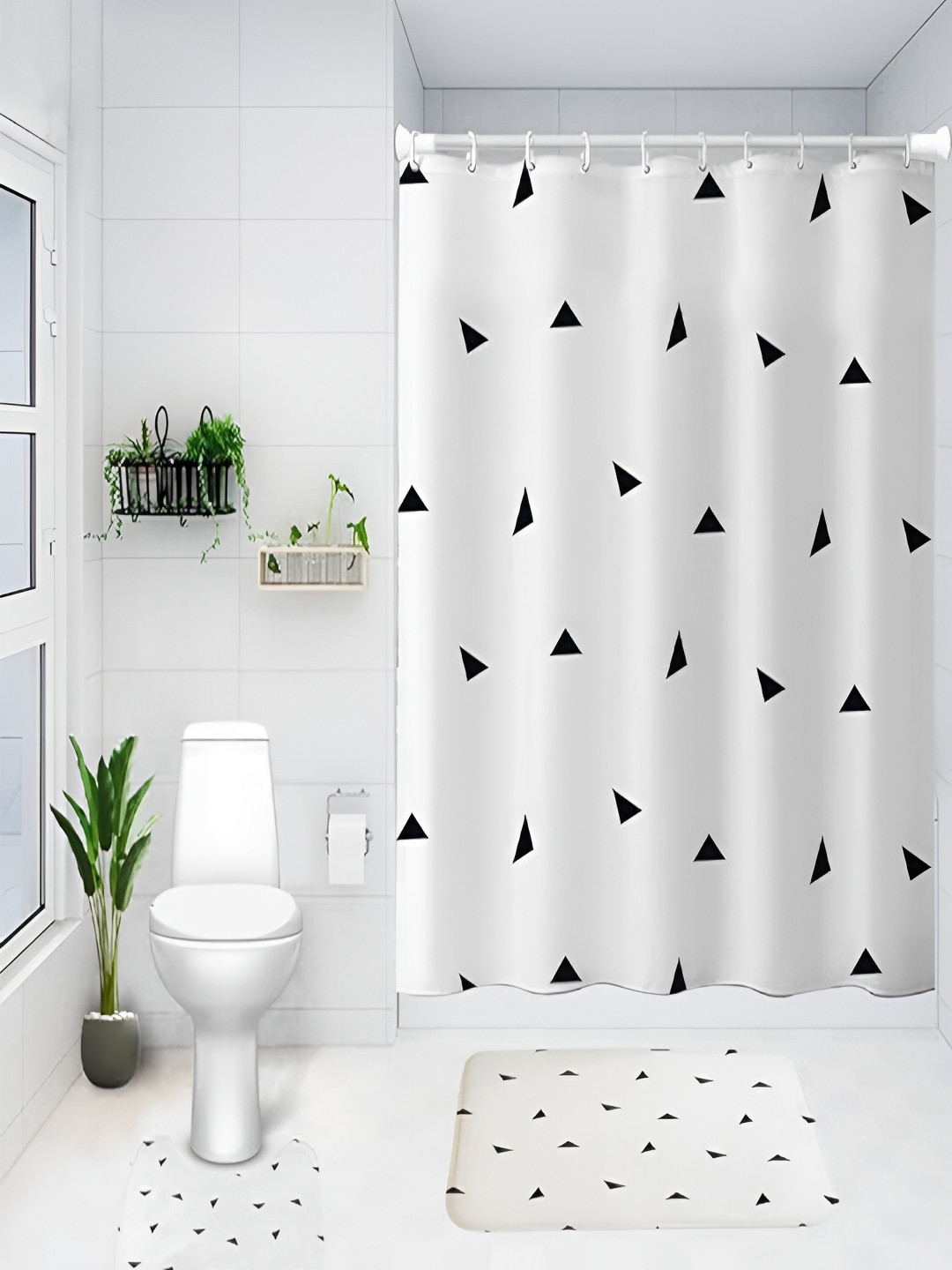 Kuber Industries White & Black 3 Pieces Geometric Shower Curtain & Bathmat Set