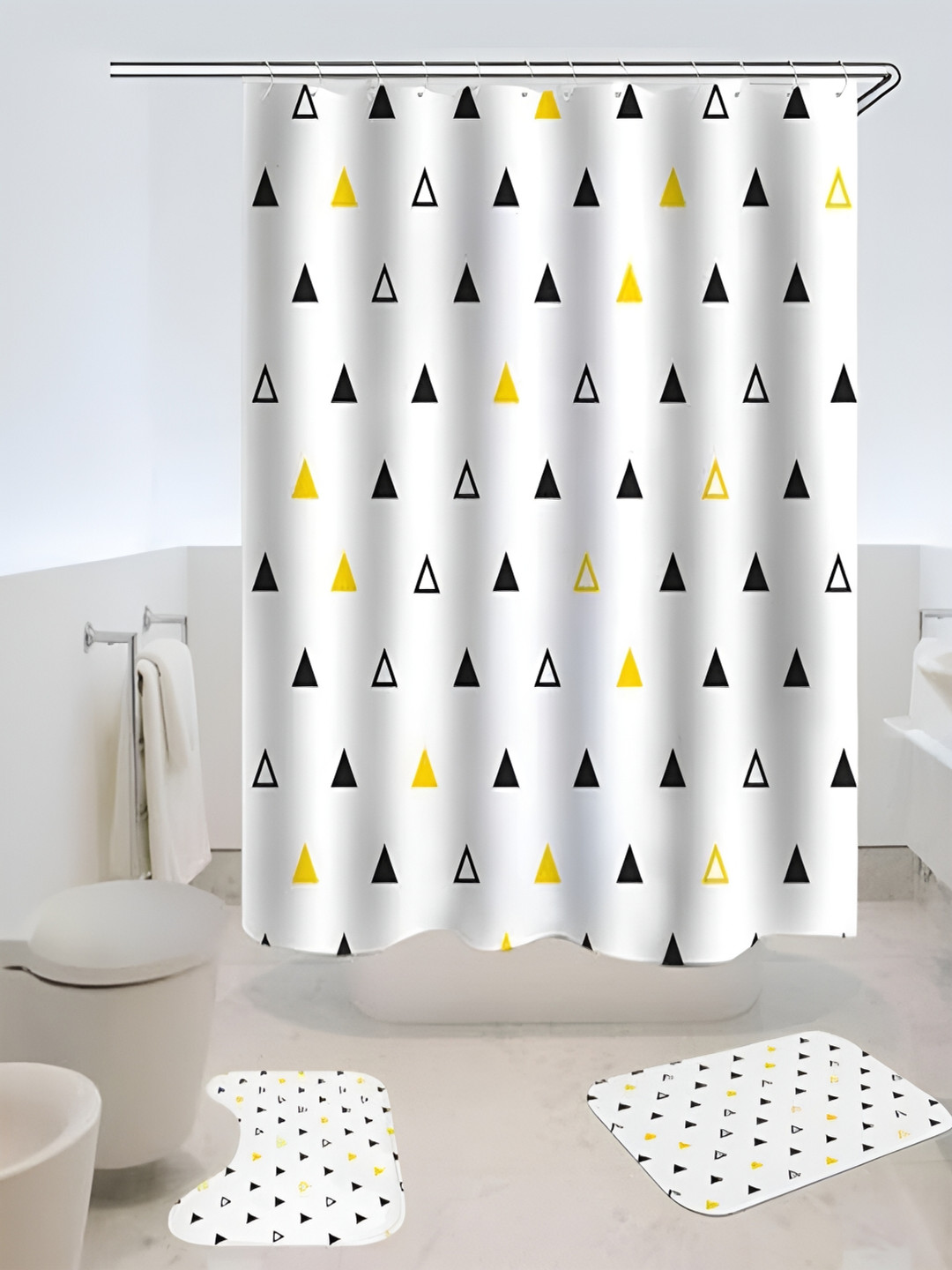 Kuber Industries White & Black 3 Pieces Geometric Shower Curtain & Bathmat Set