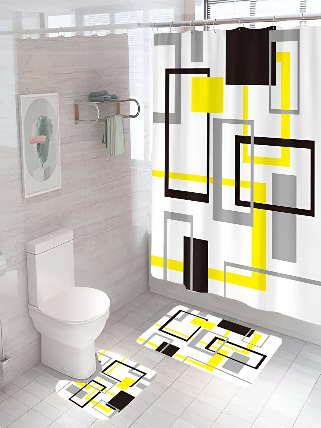 Kuber Industries White & Yellow 3 Pieces Geometric Shower Curtain & Bathmat Set