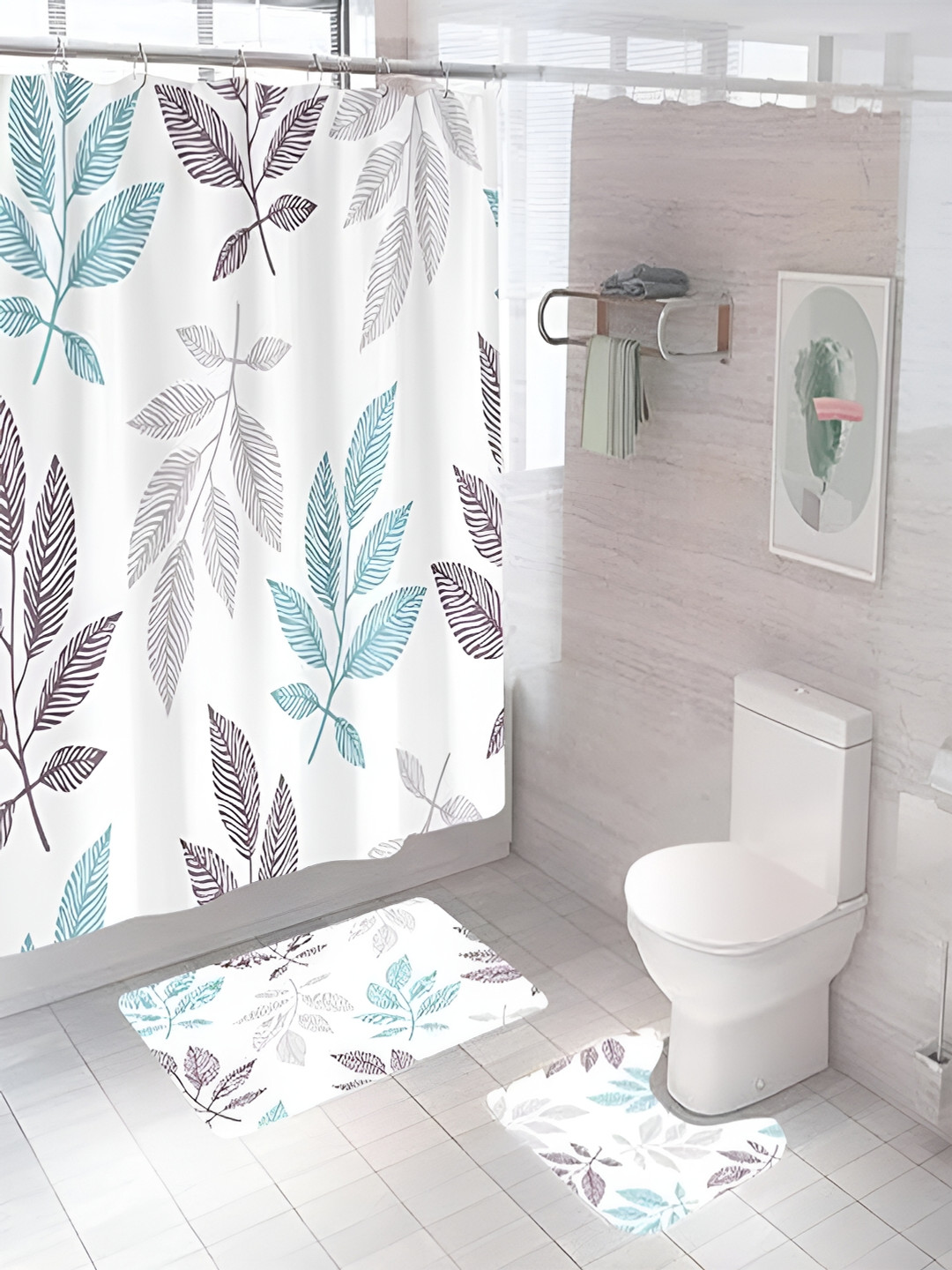Kuber Industries White & Blue 3 Pieces Floral Printed Shower Curtain & Bathmat Set