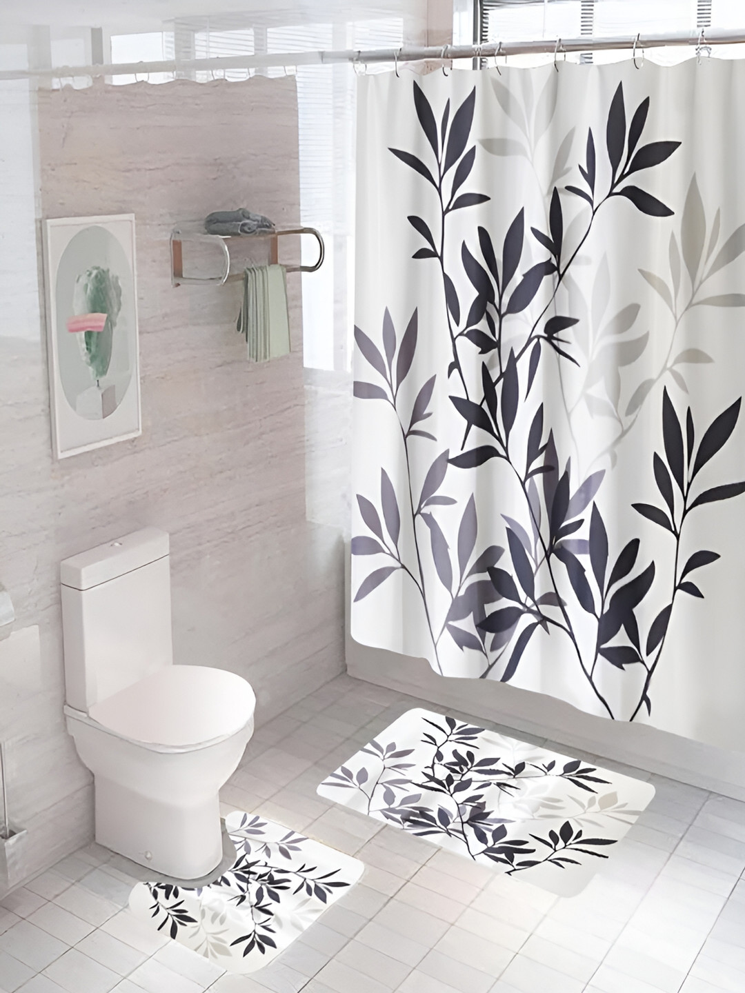 Kuber Industries White & Black 3 Pieces Floral Printed Shower Curtain & Bathmat Set
