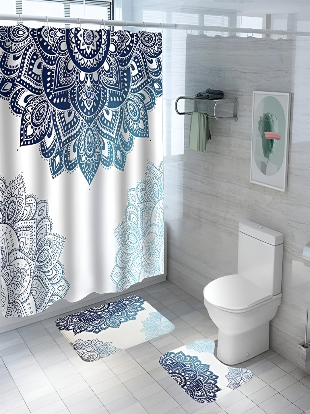 Kuber Industries White & Blue 3 Pieces Ethnic Motifs Printed Shower Curtain & Bathmat Set