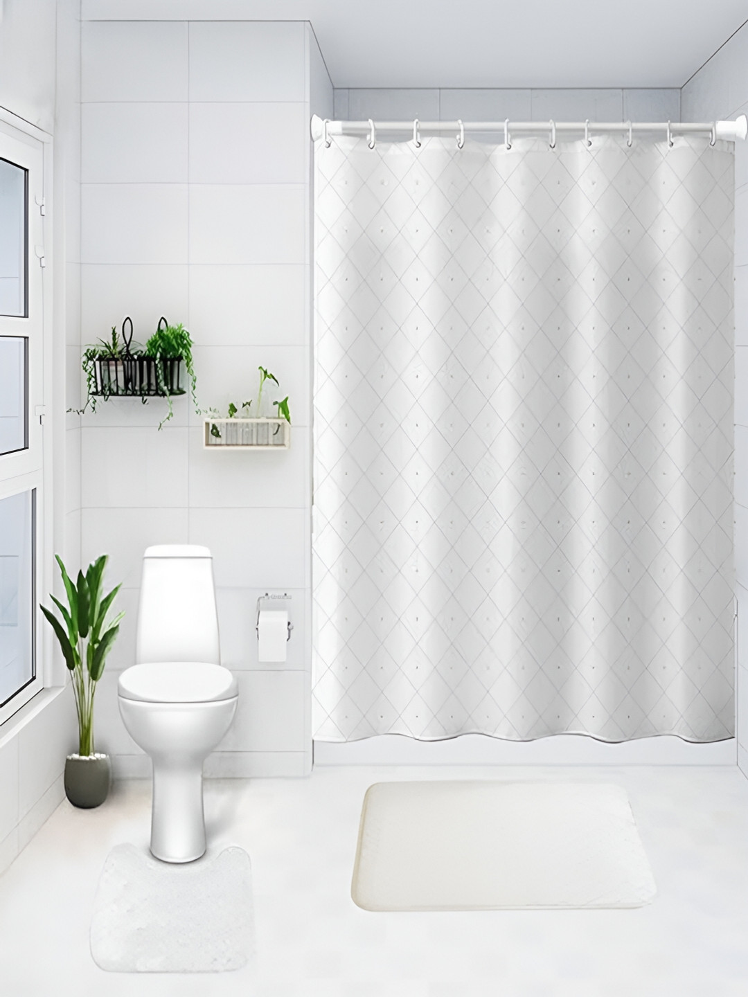 Kuber Industries White 3 Pieces Shower Curtain & Bathmat Set