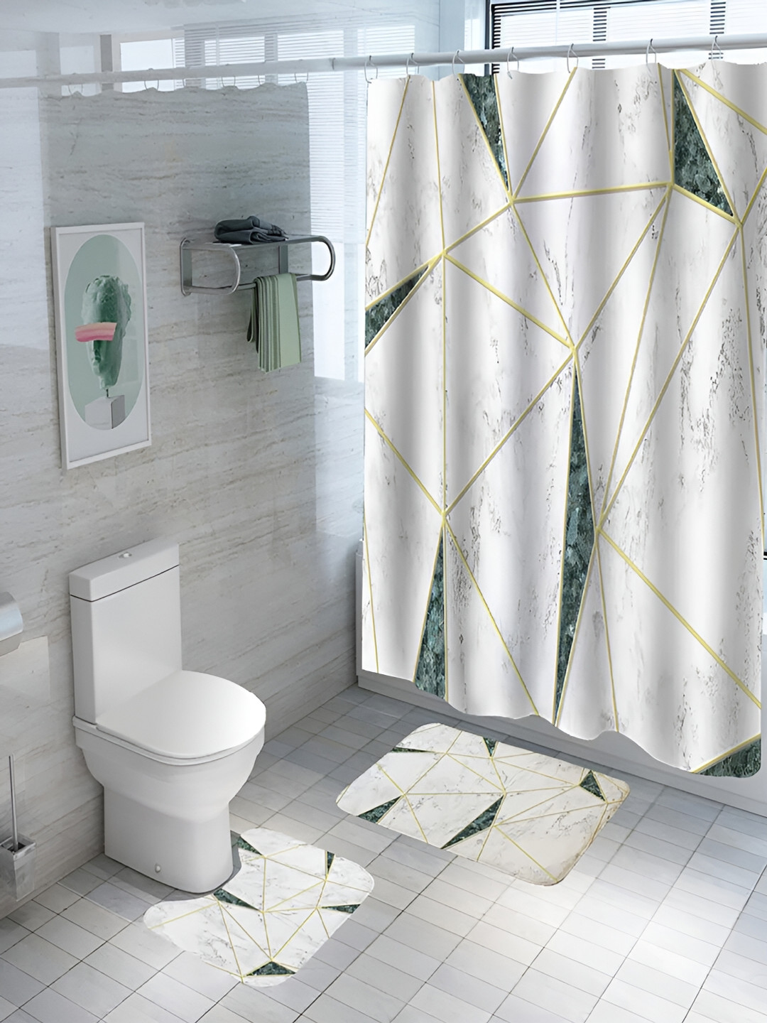 Kuber Industries 3 Pieces Shower Curtain & Bathmat Set