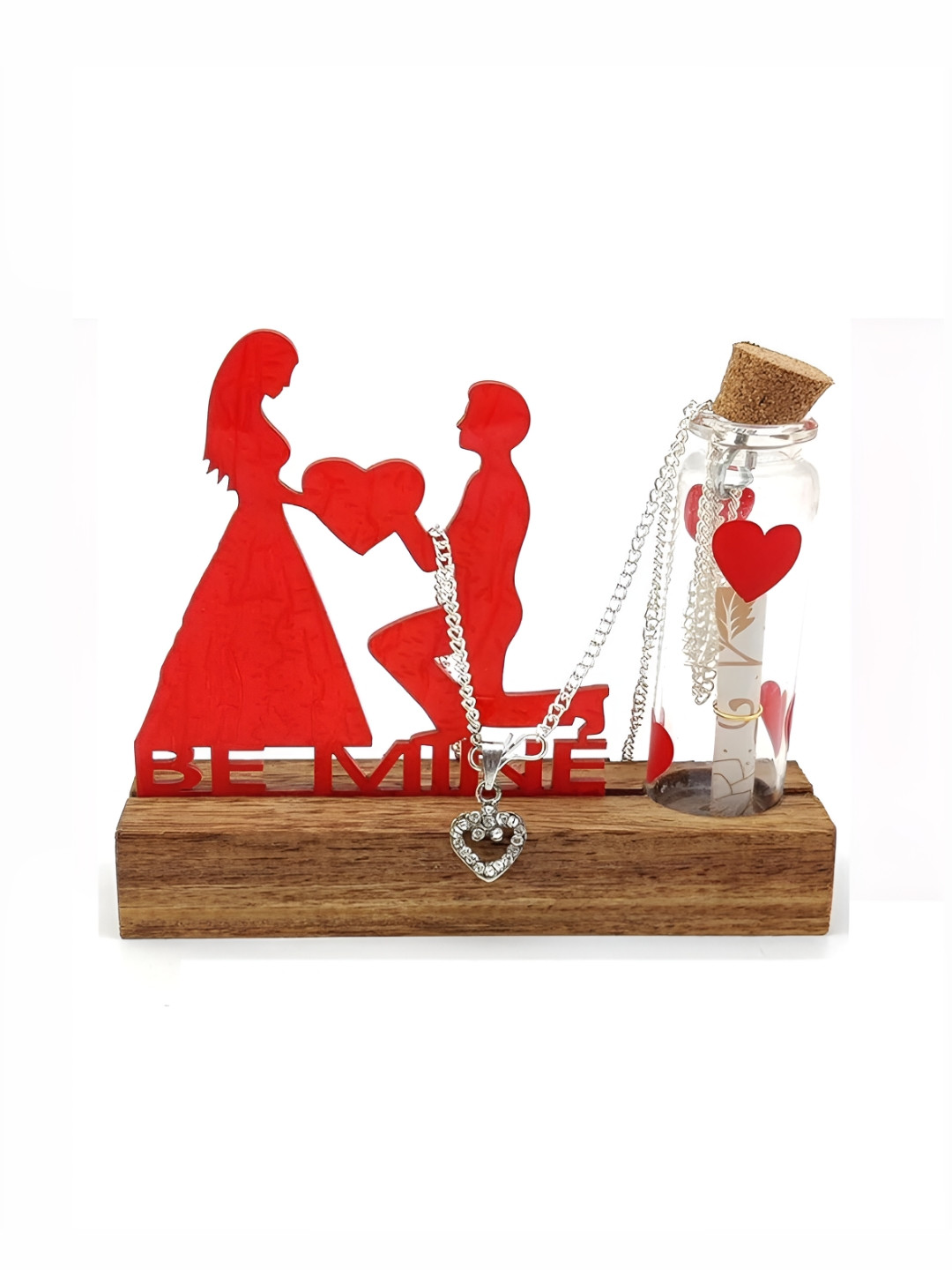CraftVatika Be Mine Love Couple Valentines Red Wood Natural Living Room Small Showpiece - 4.3 Inches