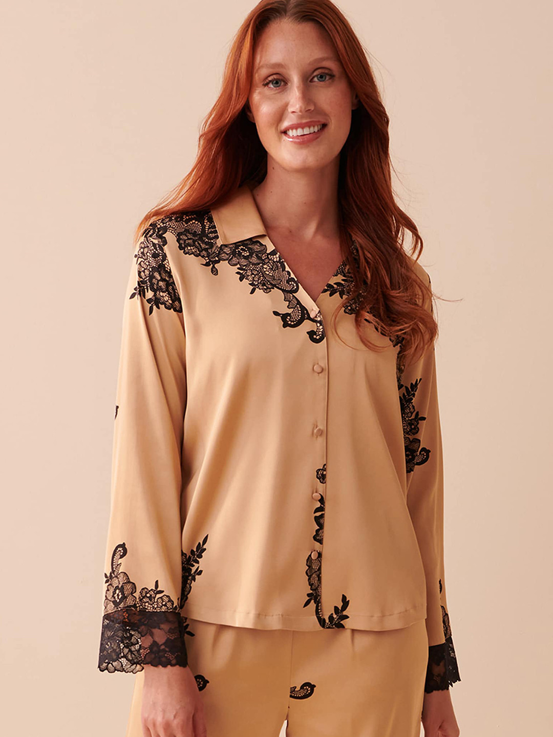 La Vie en Rose Satin & Lace Long Sleeve Lounge Shirt