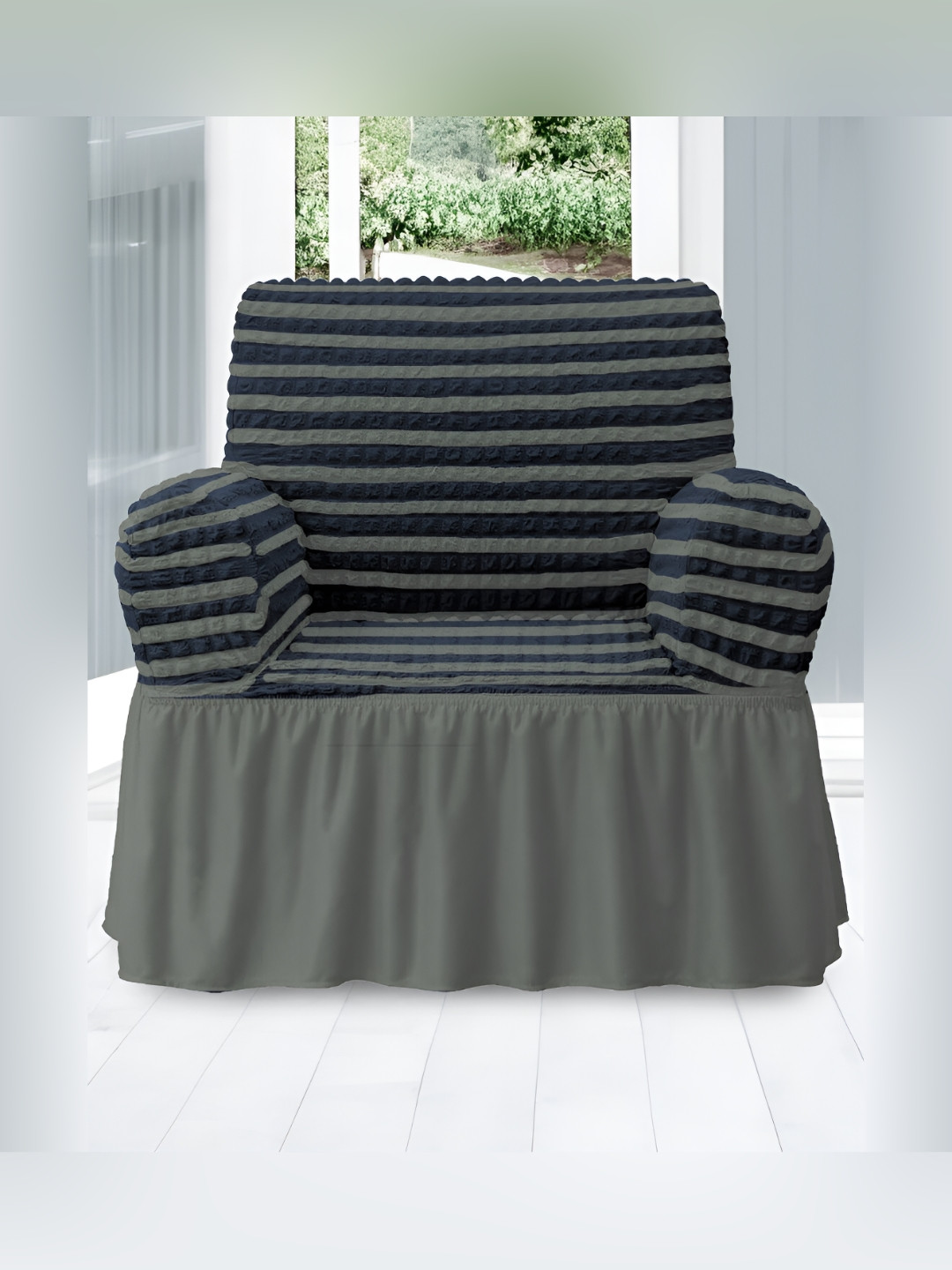 Aura Grey & Blue Stretchable Polyester Bubble Seater Sofa Cover With Skirt