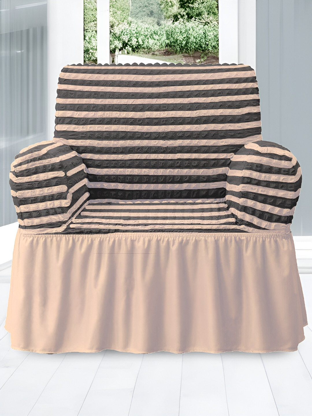Aura Beige & Black Striped Stretchable Bubble One Seater Sofa Cover With Skirt