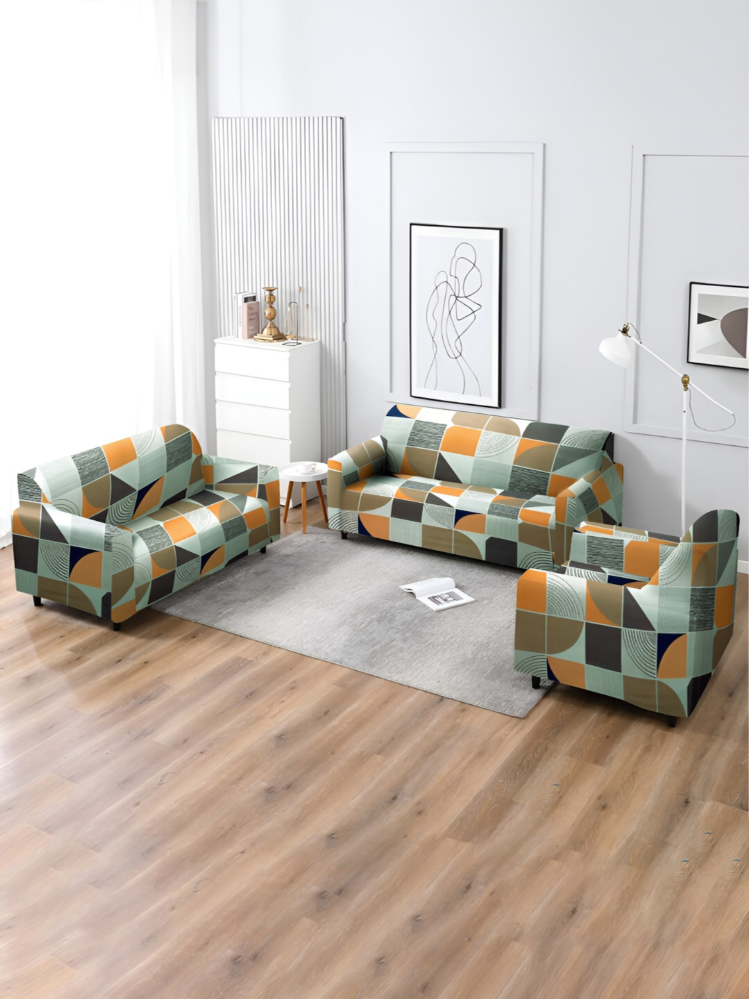 Aura Sea Green & Orange Printed 3 Pieces Strechable Sofa Covers