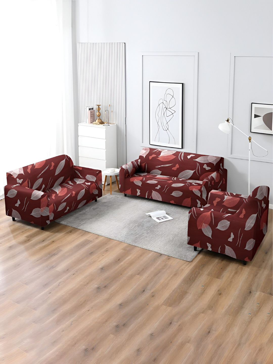 Aura Burgundy & Orange 3 Pieces Floral Printed Strechable Sofa Covers