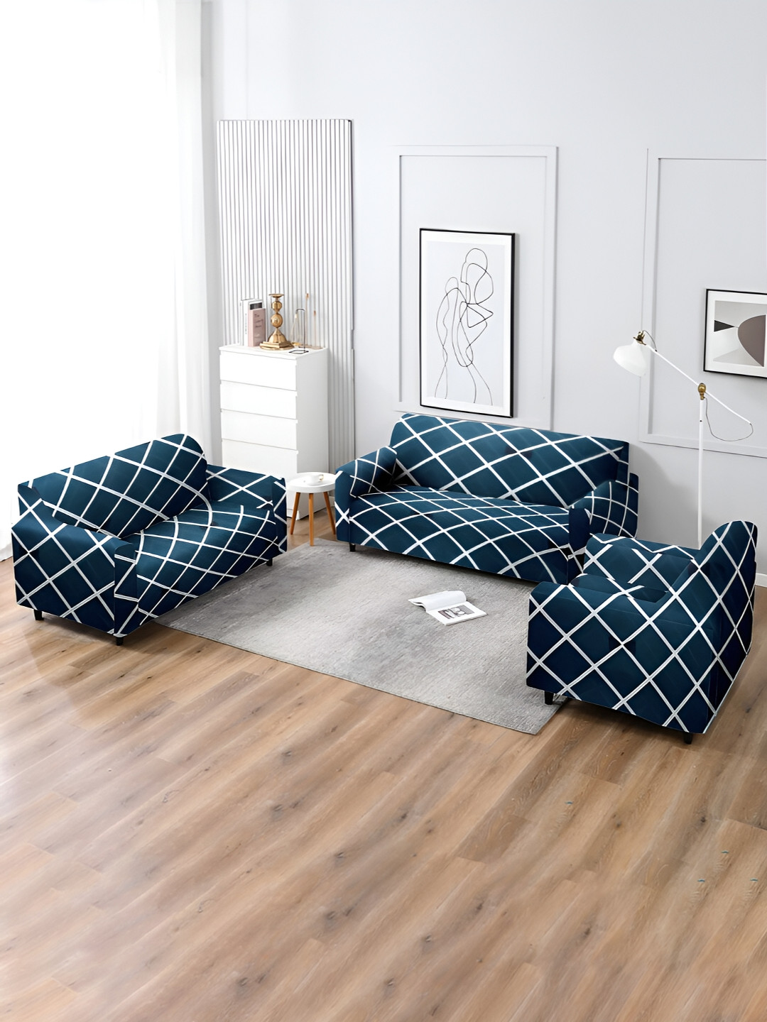 Aura Navy Blue & White 3 Pieces Stretchable Sofa Cover Set