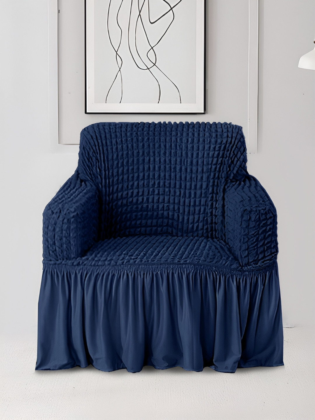 Aura Navy Blue Stretchable Bubble One Seater Sofa Cover With Skirt