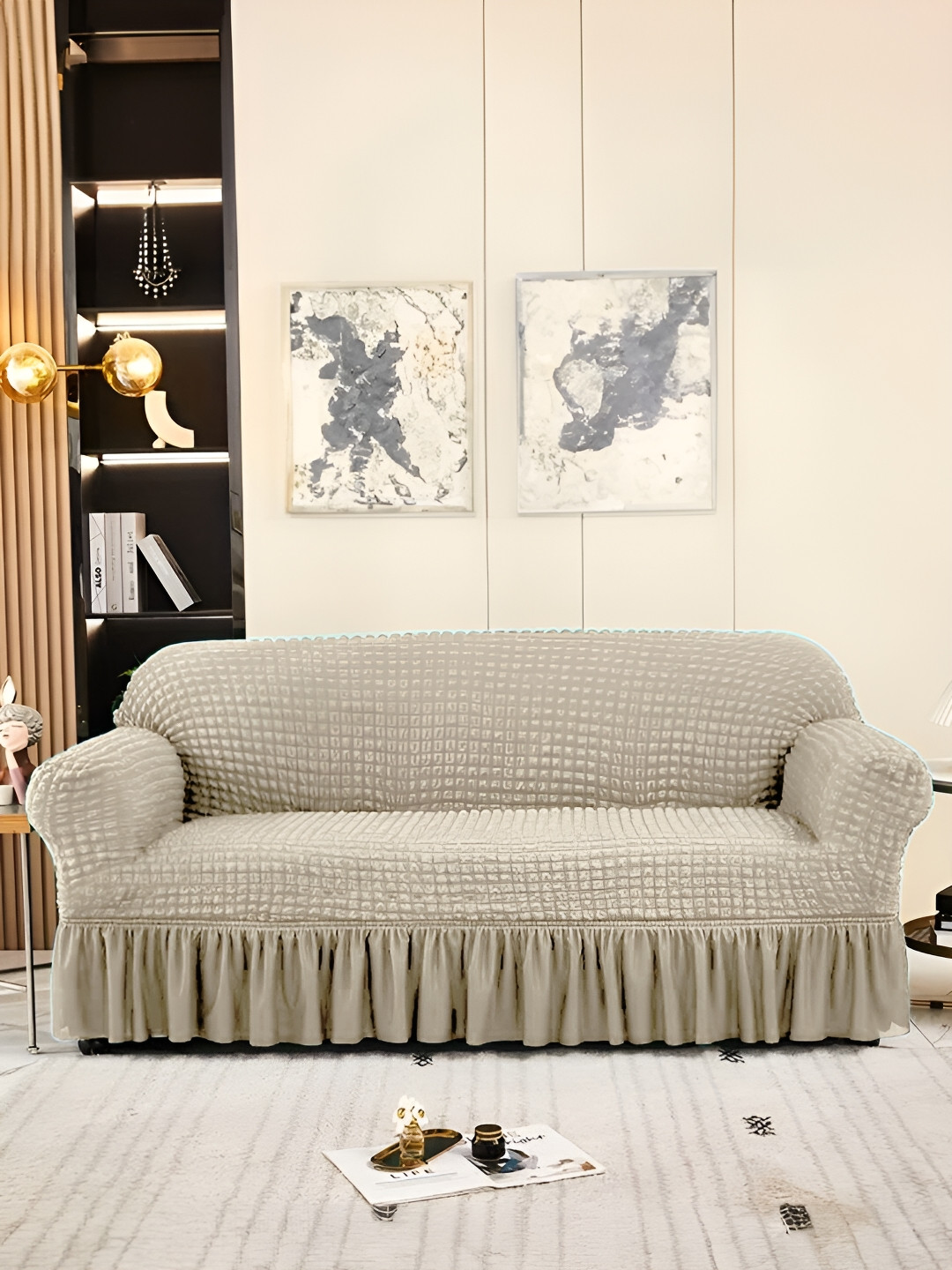 Aura Beige Stretchable Bubble Two Seater Sofa Cover With Skirt