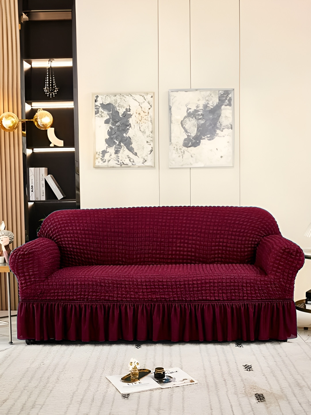 Aura Maroon Stretchable Bubble Two Seater Sofa Cover With Skirt