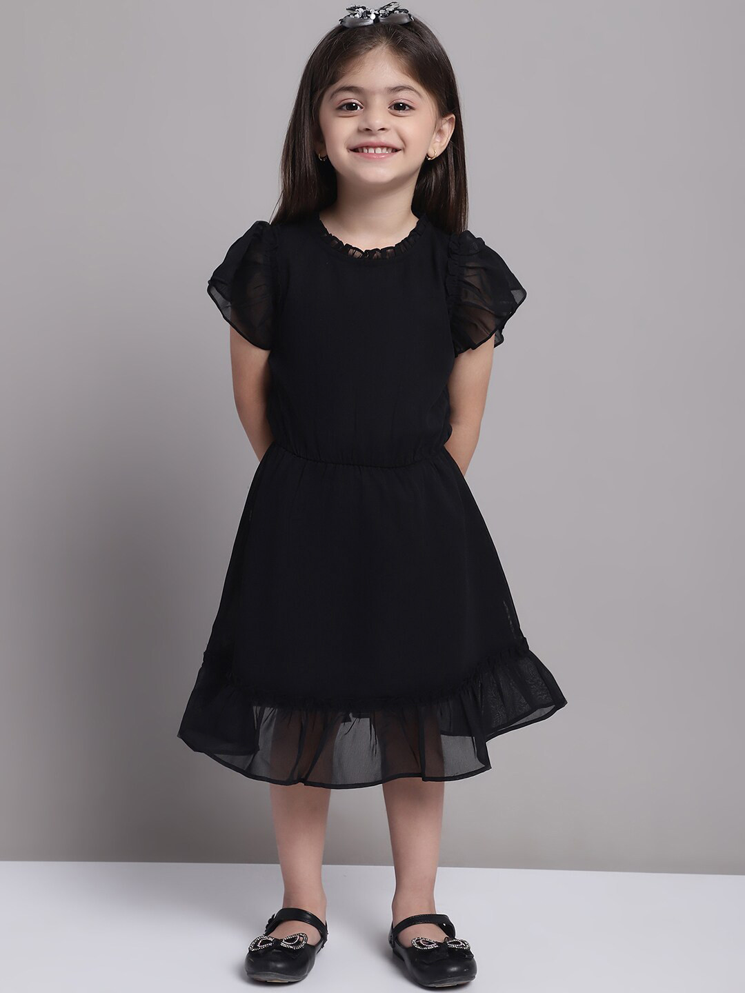 MINI & MING Girls Flutter Sleeve Georgette Fit & Flare Midi Dress