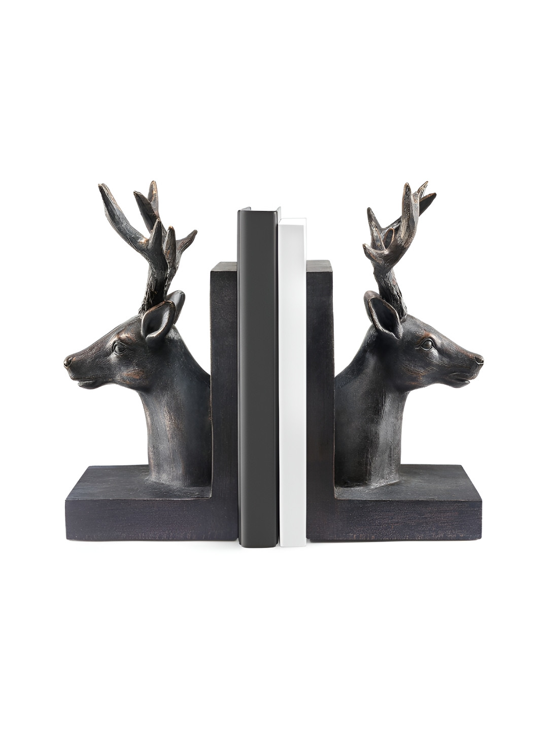 Perenne Design Deer Bookends Pair Black Resin Matte Living Room Set of 2 Medium Showpieces - 9 Inches
