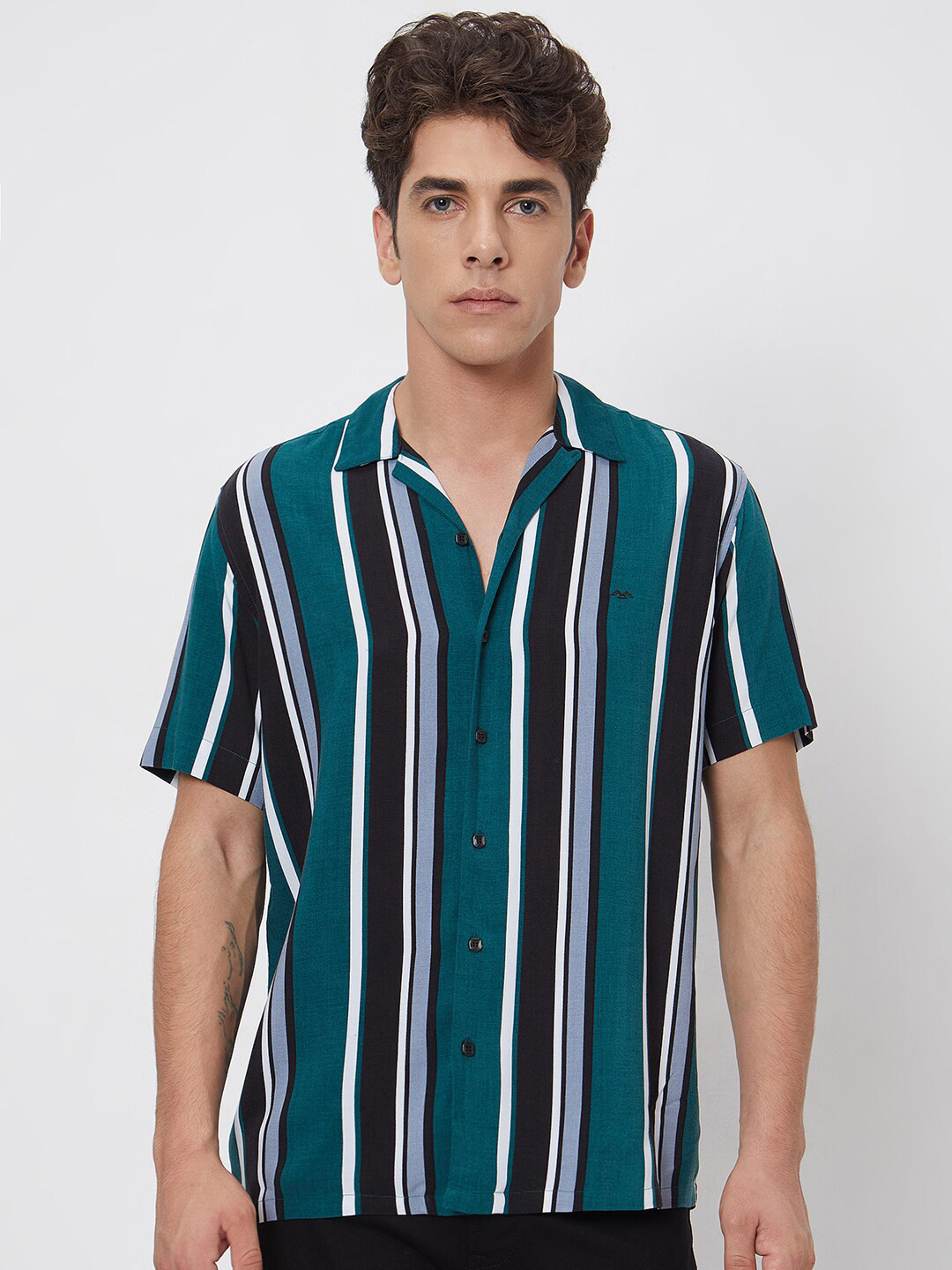 Mufti ss-24 Relaxed Fit Vertical Striped Cuban Collar Short Sleeves Casual Shirt