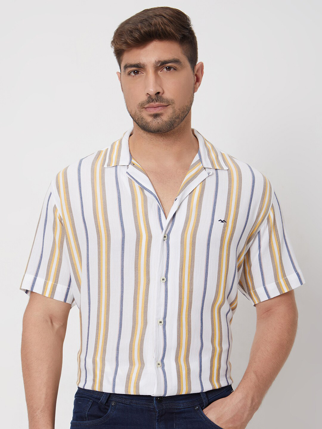 Mufti Vertical Striped Cotton Regular Fit Shirt