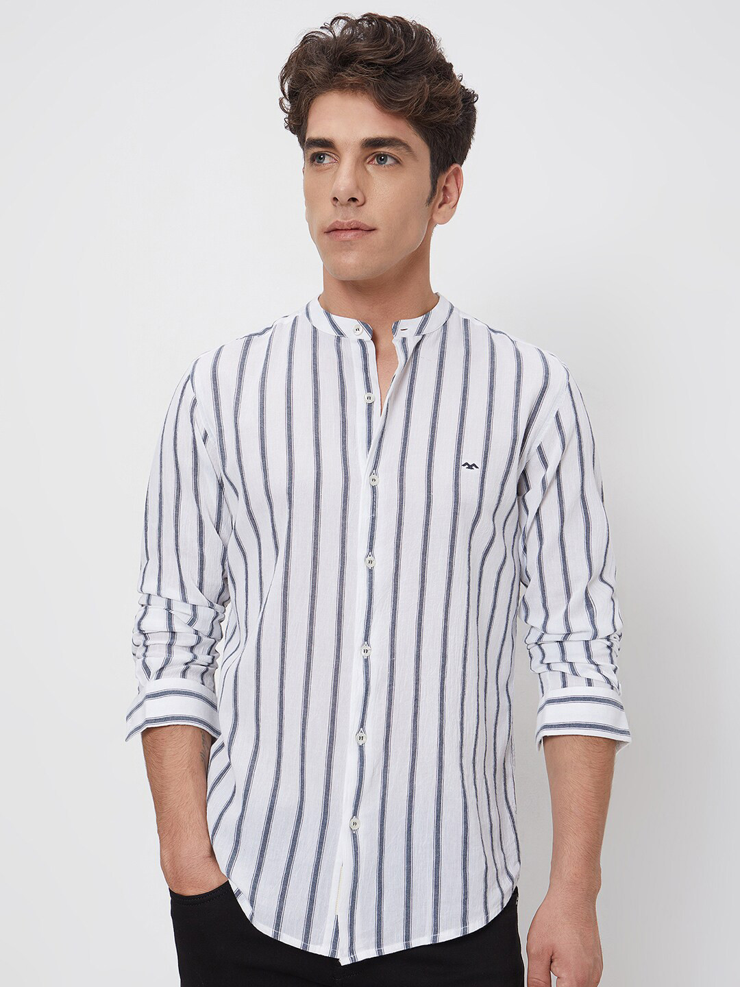 Mufti ss-24 Slim Fit Vertical Striped Band Collar Long Sleeves Cotton Casual Shirt