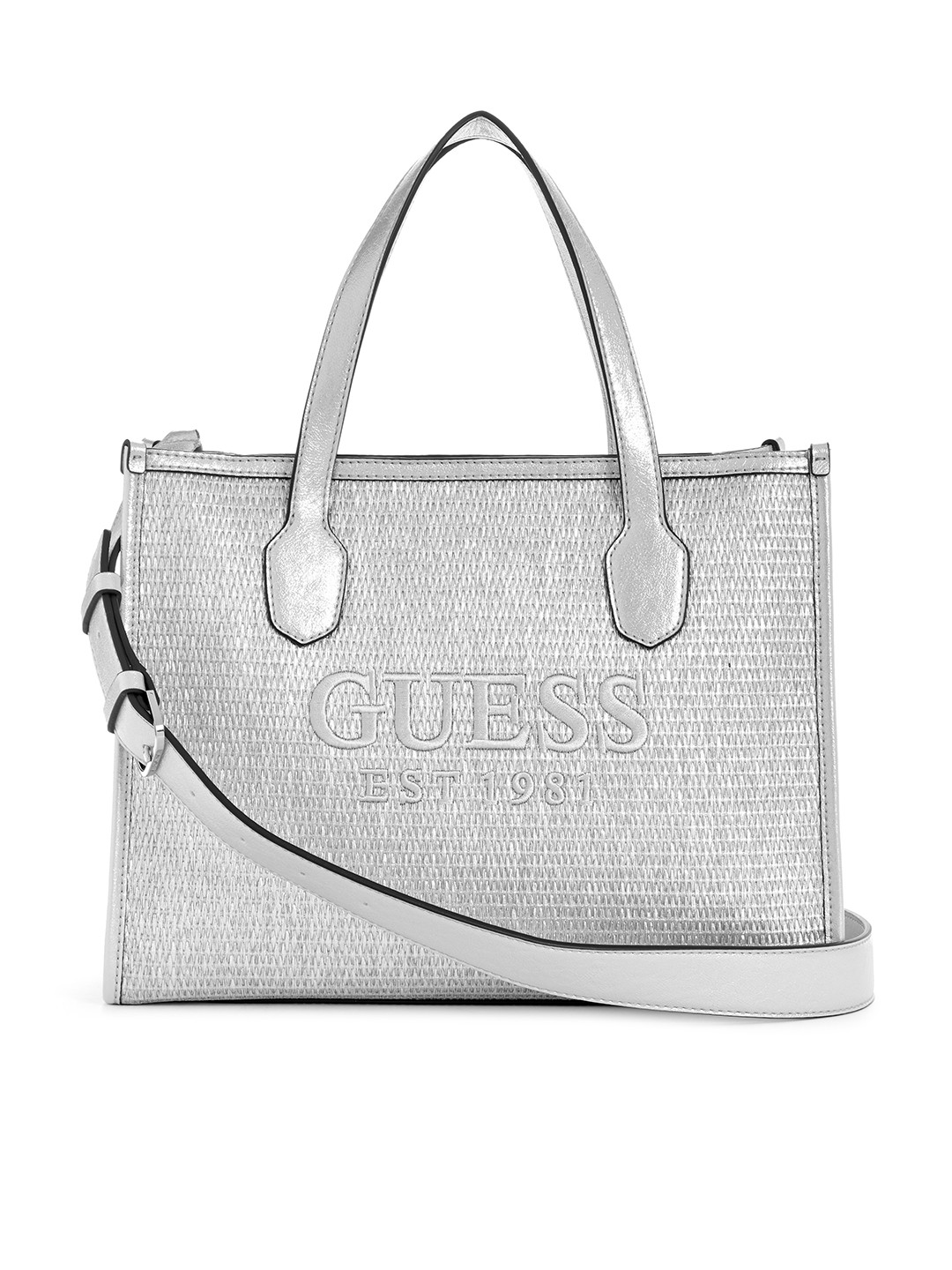 GUESS Brand Logo Embossed Woven & Textured Structured Handheld Bag
