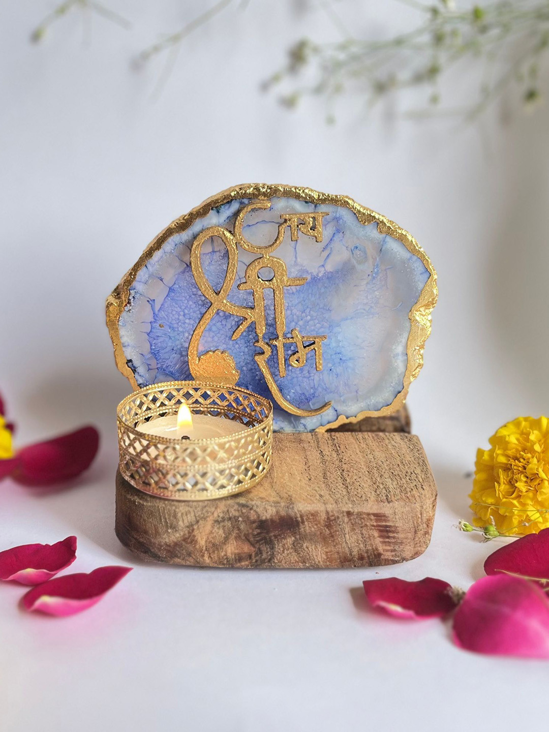 HOMEARTE Blue & Gold-Toned Stoneware Candle Holder