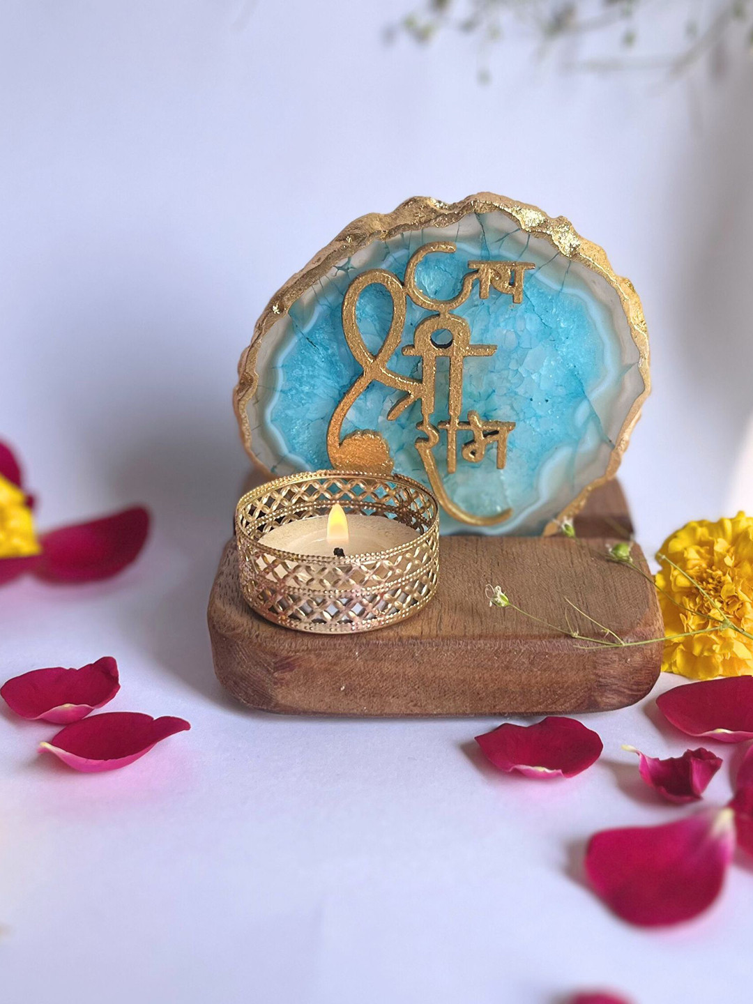 HOMEARTE Turquoise Blue & Gold-Toned Candle Holder