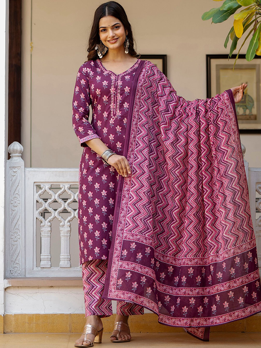 Anouk Purple Floral Printed V-Neck Pure Cotton Kurta With Pyjamas & Dupatta