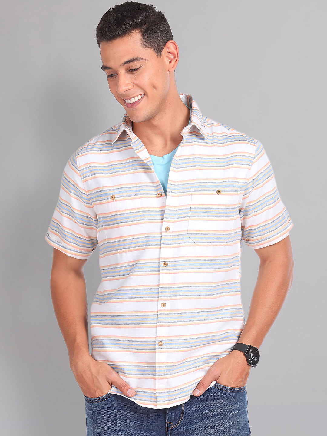 AD By Arvind Horizontal Striped Dual Pocket Slim Fit Casual Shirt