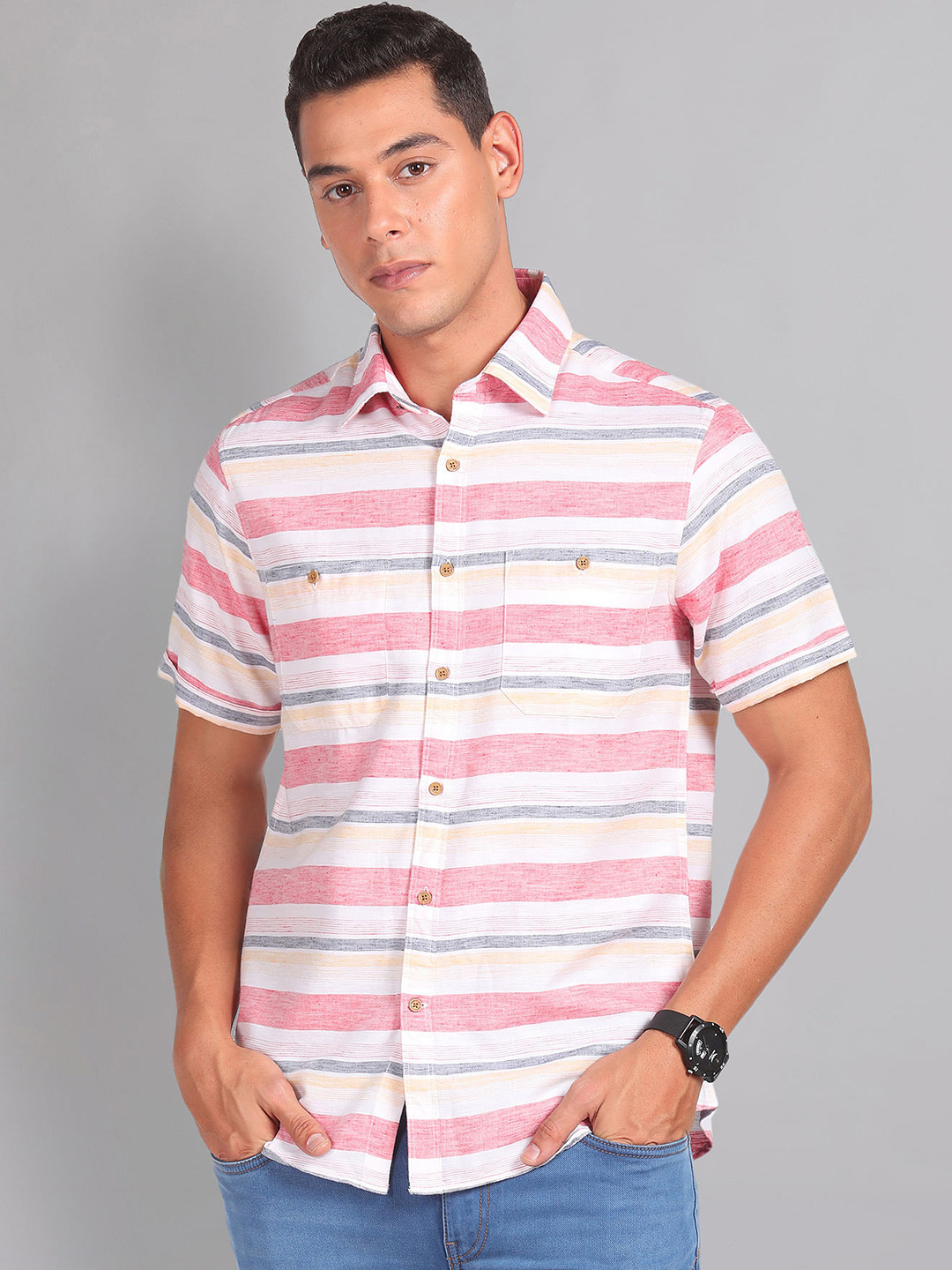 AD By Arvind Horizontal Striped Dual Pocket Slim Fit Casual Shirt